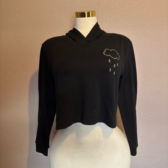 Sweaters - Black Cropped Hoodie with Cloud Design